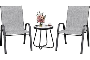 Amopatio Outdoor Bistro Set, Garden Stackable Chairs and Table, 3 Piece Garden Furniture Sets for Balcony, Porch, Backyard, Gray