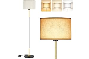 OUTON Lampara de Pie Salon, 3 Temperaturas de Color con 9W E27 Bombilla & Interruptor de Pie, Lámpara de Lectura LED con Pantalla de Lino, Diseño Vintage Moderno para Dormitorio y Oficina (Negro Oro)