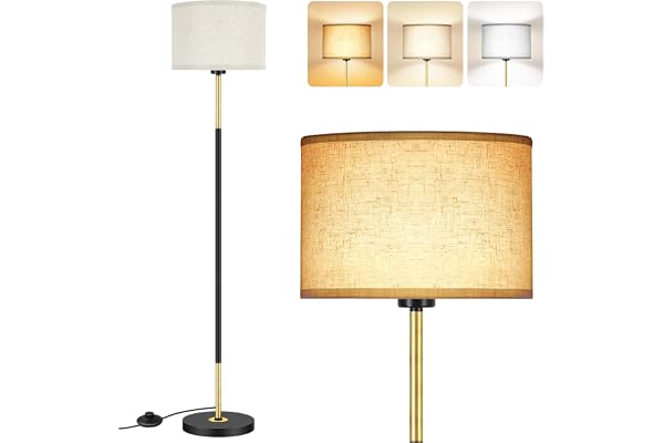 OUTON Lampadaire sur Pied Salon, 3 Températures de Couleur avec 9W E27 Ampoule & Interrupteur à Pied, Lampe de Lecture LED avec Abat-Jour en Lin, Design Vintage Moderne pour Chambre et Bureau(Noir Or)