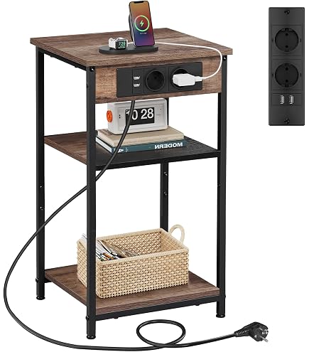 Bomclap Beistelltisch 3-stöckig – Schmaler Nachttisch Mit Regalen & U-förmigem Drahtkorb, Braun/Schwarz, 64,5 Cm
