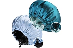 TSLRSA 2 Piezas Gorro de Satén para Dormir Ajustable Gorro de Satén de Noche Pelo Rizado Gorro para Dormir con Banda Ancha Elástica para Mujeres y Niñas (azul claro + cian)