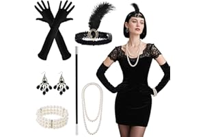 GREVOSEA Akcesoria Flapper dla kobiet z lat 20. XX wieku, akcesoria z opaską na głowę, naszyjniki z koralikami, kolczyki, rękawiczki, rekwizyt do kostiumu ślubnego w stylu vintage, 6 szt