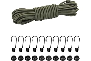DONDEEN 10M Elastic Cord, 1/4" Thick Shock Cord Heavy Duty 32Ft Elasticated Shock Cord Black Bungee Cords with Hooks for Caravan Camping Cargo Craft Rack (6mm x 10M, Camouflage green)