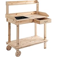 Outsunny Pflanztisch mit Schublade, 2 Stufen Gärtnertisch mit waschbecken und Rollen, Blumentisch, Garten, Massivholz…
