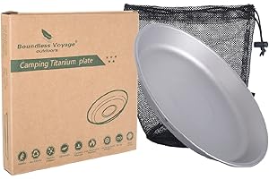 iBasingo Juego de platos de metal de titanio para acampar al aire libre, vajilla ligera y portátil, para viajes, picnic, senderismo, platos de servicio grises, cubiertos duraderos con bolsa de malla