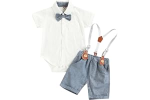 Geagodelia 2 Pezzi Completo Bambino Estivo Tutina Neonato Polo con Manica Corta+Pantaloncini con Bretelle Abito Neonato Gentiluomo Tuta Bambino Elegante