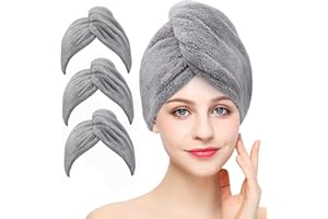 Laicky 3 Pack Microfiber Hair Drying Towel Wrap Super Absorbent Twist Turban Fast Dry Hair Caps with Buttons Bath Loop Fasten Salon Dry Hair Hat (Gray)