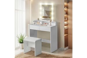 ZZINOKE Toletta Trucco con Sgabello Imbottito, Mobile Trucco con Specchio e Luci, Luminosità Regolabile, Postazione Trucco con 3 Ripiani Aperti e 2 Cassetti, 80×40×142 cm, Bianco