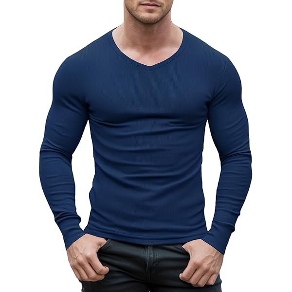 Muscle Cmdr Slim Fit V hals Lange Mouw Spier Thermo T Shirt Casual Geribbelde Trui Lichte Trui Onderhemden, blauw, XXL