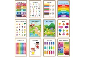 ESSEN Educational Preschool Posters Learning Charts Resources For Kids Toddlers Alphabets, Numbers, Shapes, Colors, Animals, Months Of Year, Days Of Week, Emotions, Fruits, Body Parts&more-Set of 12