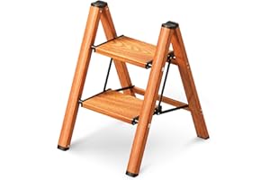 GameGem 2 Step Ladder, Folding Step Stool with Anti-Slip Wide Pedal, Aluminum Material Lightweight yet Sturdy, 150 KG Loading, Cute Modern Apperance for Indoor Household Spaces, Woodgrain