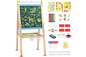 CHIDIAM Kids Easel with Paper Roll,Double-Sided Height Adjustable Painting Standing Whiteboard and Blackboard with Rich Accessories,Gift for Toddlers Girls and Boys Ages 3 4 8 9 12