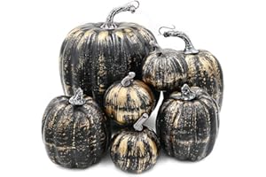 OTMVicor 7 zucche artificiali nere e dorate in schiuma, per autunno, stagione, Halloween, Ringraziamento, vacanze, festival, decorazioni da tavolo (nero e oro)