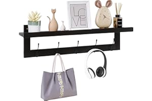 SMIBUY Wieszaki z półką ścienną, 74 cm, bambusowy wieszak na ubrania z 5 podwójnymi metalowymi haczykami, do łazienki, sypialni, kuchni, salonu, garderoby, czarny