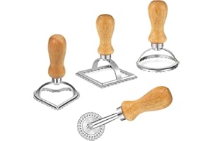 CUCKYZIRL Ravioli Stamp Maker Cutter Set - 4 PCS Pasta Roller Wheel Mold with Wooden Handle & Fluted Edge for Making Ravioli Pasta Dumplings Lasagna - Pasta Press Tools for Kitchen