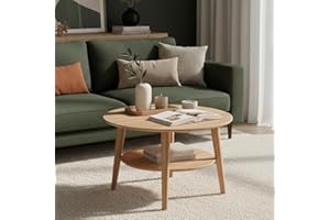 skølm Mjölnir Couchtisch rund Ø70 cm – Wohnzimmertisch aus Eiche Massivholz – Sofatisch mit 2 Ablagen – kleiner Beistelltisch Natur geölt – Holztisch Wohnzimmer mit Stauraum – Coffee Table