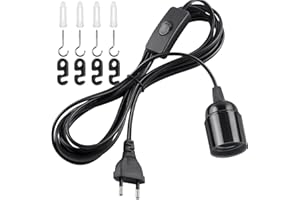 DiCUNO Portalámparas E27 de 4M, Con cable, interruptor y enchufe, Bases para lámparas E27 en Negro, para Lámpara de pie, Colgante, de cabecera, 0-60W, 0-250V, 4A, 1 Pieza