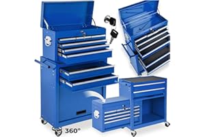 tectake® Chariot d'atelier Metallique Servante d'atelier Vide Trolley Professionnel 10 Compartiments spacieux Verrouillables Chariot a Roulette pour Rangement Atelier Garage - Bleu