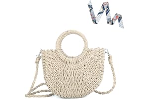 CAMILIFE Sac de Plage d'été en Paille pour Femme Tressés à la Main,Sac à Main Panier Tissé Sac Bandoulière à Porter à l'épaule Avec Style Boho Fait Main Pour le Voyage, La Date et Les Vacances (Beige)