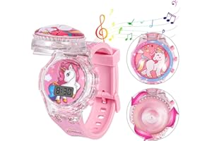 Vspek Toddler Watches for Girls, Age 3-10, Unisex, Kids/Cartoon Watch, Glowing Music Rotatable Face, Pink, Plastic Strap, Not Water Resistant