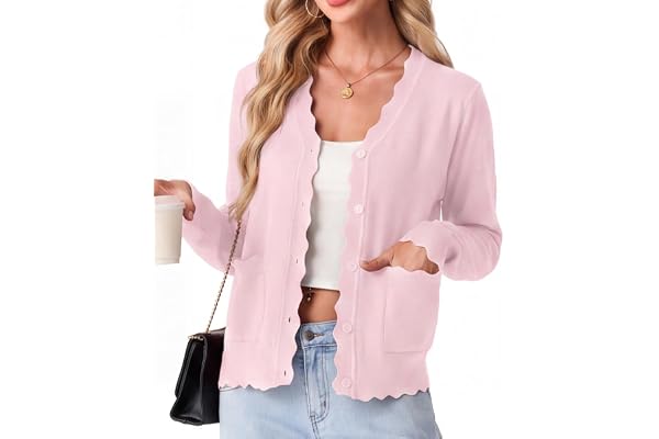 GRECERELLE kofta dam kort med fickor knappar cardigan vågsöm | Finstickad av 100 % viskos – lätt kofta med vågkant, påsydda fickor och knapplist, storlek S–3XL