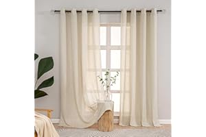 L.Z.E White Curtains with Eyelets for Living Room, Semi-Transparent Linen Look Curtains, Set of 2, Modern Window Stores, Translucent Decorative Curtains for Bedroom, 225 cm (LZE2206BG215)