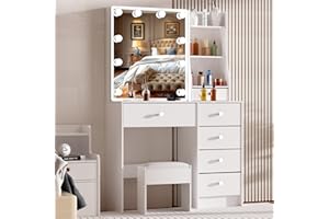 Ereousa Postazione Trucco, Toilette Trucco con Sgabello e Specchio, Toletta da Trucco con 6 Cassetti, 6 Ripiani, Bianco 36x80x131cm, H4124