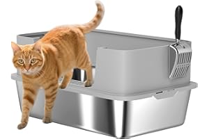 PawHut Arenero para Gatos de Acero Inoxidable XL Caja de Arena para Gatos Arenero con Borde Alto Pala Fácil de Limpiar Prueba de Fugas 60x40x29,5 cm Gris