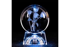 MEEC Holograma de Bola de Cristal 3D Grabado con Láser con Base de Luz LED de Colores, Decoración de Oficina en Casa, con Caja de Regalo (4 roses80mm)