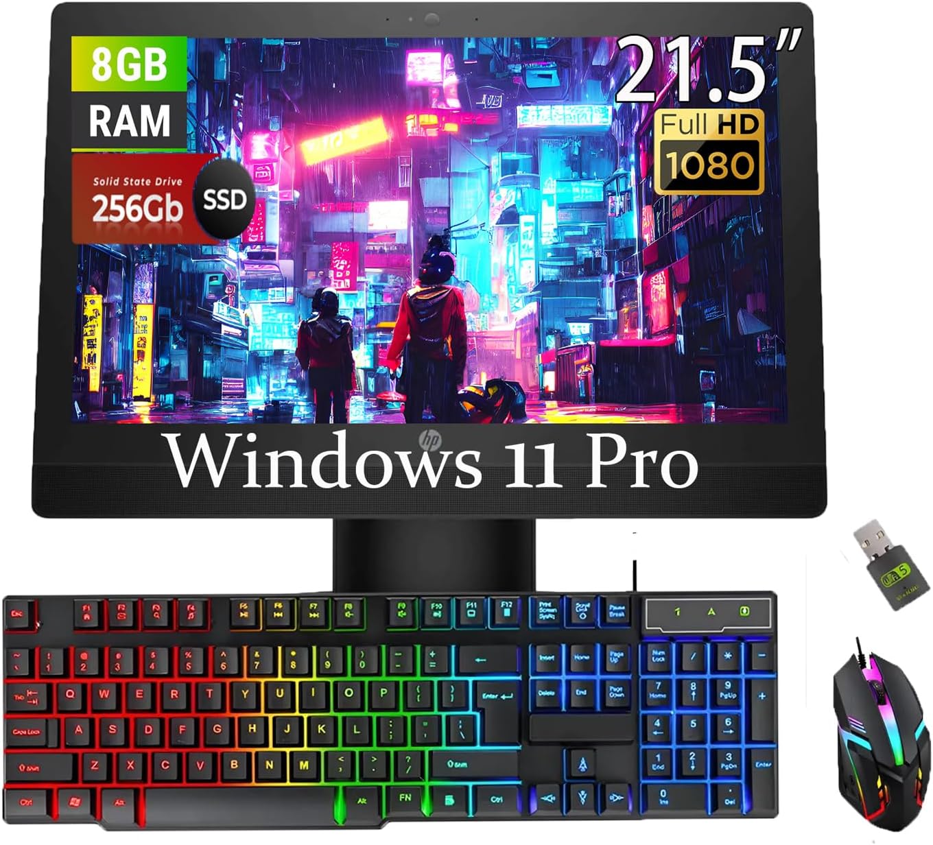HP ProOne 600 G3 todo en uno Ordenador de sobremesa, FHD 21.5" (1920 x 1080), Intel i5-7500 3.4GHz, 8 GB de RAM, SSD de 256 GB, teclado QWERTY de EE. UU., ratón, USB WiFi, Windows 11 Pro
