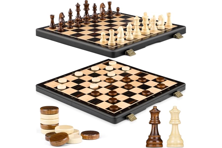 Peradix Chess Set and Draughts Board Games 2 in 1 Set | 15" Magnetic Foldable Wooden Chess Checkers Board | 2 Extral Queen | Educational Toy Set for Adults and Kids (PUZ-39)