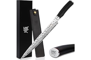 YOUSUNLONG Cuchillos para sashimi - Cuchillo filetero japonés 245mm - Cuchillo Yanagiba de acero damasco - Mango de ébano natural con cuero - Cuchillo Sushi