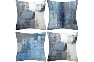 QUALKNOY Set of 4 Cushion Covers 18"x18" Blue and Grey Dense Linen Modern Abstract Art Decorative Throw Pillow cases 45 x 45cm for Living Room Garden Outdoor Decor Pillowcases