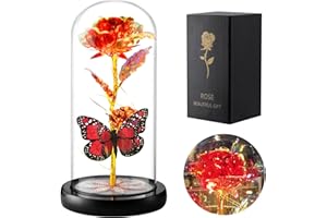 FOHIL Kit de Rosas Eternas, Rojo Flores Artificial Regalo con Base Pino Luces LED mariposas dia de la Madre, La Bella y La Bestia, Regalo Mamá, San Valentin Decoracion Aniversario