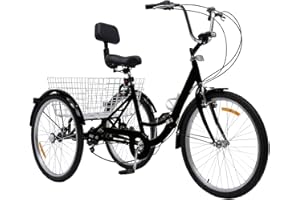 Quiltern Triciclo per adulti 24 pollici, pieghevole, 3 ruote a 7 marce, per adulti, triciciclo, bicicletta pieghevole con cesto, lampada, schienale e portabicchieri (nero)
