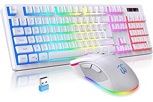 Snpurdiri Wireless Gaming Keyboard and Mouse Combo, RGB Rechargeable 3000mAh Battery, Pudding Keycaps Anti-ghosting Keyboard + 7D 4800DPI Vertical Feel Wireless Mouse for PC Gamer (White)