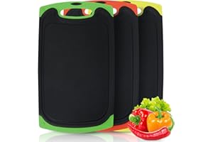 BEIJIE Chopping Board Set, 3 Pcs BPA Free Plastic Cutting Boards for Kitchens Black with Non Slip Feet & Juice Groove & Hanging Hole Storage, Large Thick Chopping Boards for Cutting Meet/Vegetables/Bread