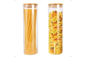 HUALIANG Barattoli di Vetro con Coperchio Set di 2, 1500ML Barattoli di bambù barattoli ermetici per la conservazione di spaghetti, caffè, cereali, fagioli,Lavabile in lavastoviglie, Vetro di Borosilicato