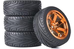 RC Auto Reifen und Räder Set,KINGCOO 4Stück 65mm Gummireifen und Kunststoff Räder 6 Speichen Felgen 12mm Hex für 1/10 RC On-Road Touring Racing Auto für HSP HPI Kyosho Tamiya (Orange)