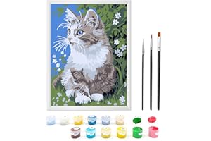 Zimrobin Malen Nach Zahlen ab 5 6 7 Jahre Mädchen und Junge, Malen Nach Zahlen für Kinder mit Rahmen 3 Pinsel und Acrylfarben, 18 X 24cm（kleine Katze auf der Wiese