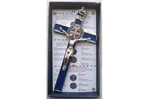 GTBITALY 10.004.11 Blu Croce di San Benedetto crocefisso Argento 20 cm medaglia smaltato a Mano con Scatola Regalo e Preghiera prete esorcismo esorcista nativita' Battesimo
