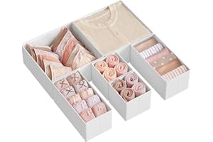 SONGMICS Drawer Organisers, Dresser Dividers, Set of 6, Foldable Fabric Storage Boxes for Socks, Underwear, Bras, Ties, Scarves, Cloud White RDZ006W01