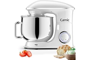 Camic Robot Pâtissier Multifonctions, Pétrin 8L 1500W Puissant, Robot de Cuisine avec Crochet Pétrisseur, Batteur, Fouet à Fil, Couvercle, Compatible Lave-vaisselle