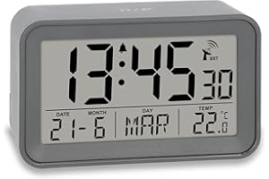 ADE Sveglia radio-controllata da comodino digitale con luce | Display della temperatura e calendario | Sveglia da viaggio compatta | Graziosa custodia grigia opaca | Con batteria
