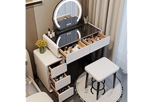 MYDD8 Dressing Table Set with Flip Up LED Lights and Mirror，Vanity Makeup Table with Dresser Table Square Stool Make Up Desk For Living Room, Bedroom Furniture