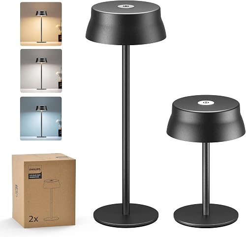 Philips Cordless Table Lamp, Portable Outdoor LED Desk Light, Rechargeable Battery Operated, 2 Adjustable Height, Touch Control & 3 Color Stepless Dimming, Waterproof Lamps for Bedroom, Black (2)