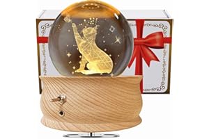 Aoweika Music Box 3D Crystal ball Rotating Musical Box With Led Light Desktop Ornament Desk Decoration Wooden Base Gift for Birthday Mother's Day Christmas(Cat)