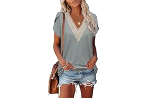 Famulily Women's Lace Trim V Neck T-Shirts, Short Petal Sleeve Summer Dressy Tops Casual Blouses S to XXL