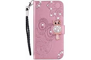 Reevermap Samsung Galaxy A22 5G Case Glitter, Bling Crystal Flip Folio Wallet PU Leather Case Owl Rhinestone Stand Card Holder Shockproof Silicone Bumper Cover for Samsung Galaxy A22 5G, Rose Gold