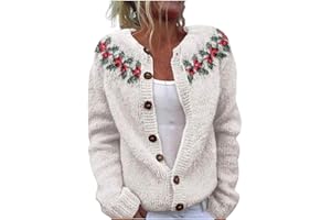 GENERIC Christmas Cardigan Sweaters for Women Vintage Funny Xmas Printed Knit Coat Cute Button Long Sleeve Fall Winter Jackets Christmas Women's V-Neck Cardigans Casual Knitted Sweater Printed Cardigan